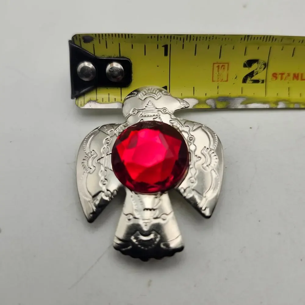 Southwestern Thunderbird Button Cover Red Faceted Rhinestone Silver Tone